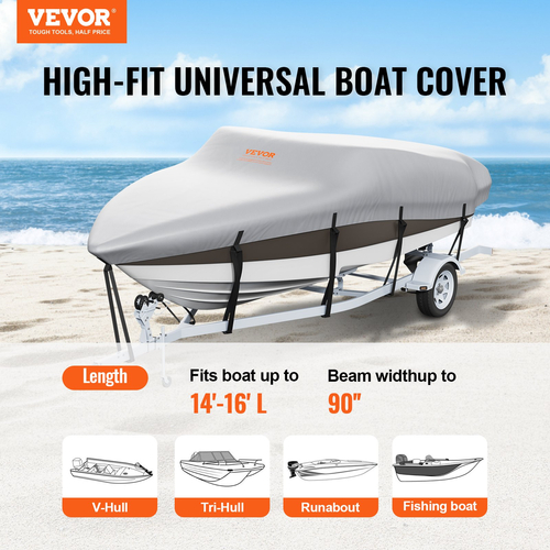 VEVOR Boat Cover, 4260-4800 mmTrailerable αδιάβροχο κάλυμμα σκάφους, 600D Marine Grade PU Oxford, με κάλυμμα κινητήρα και ιμάντες πόρπης, για V-Hull, Tri-Hull, Fish Ski Boat, Runabout, Bass Boat, Γκρι