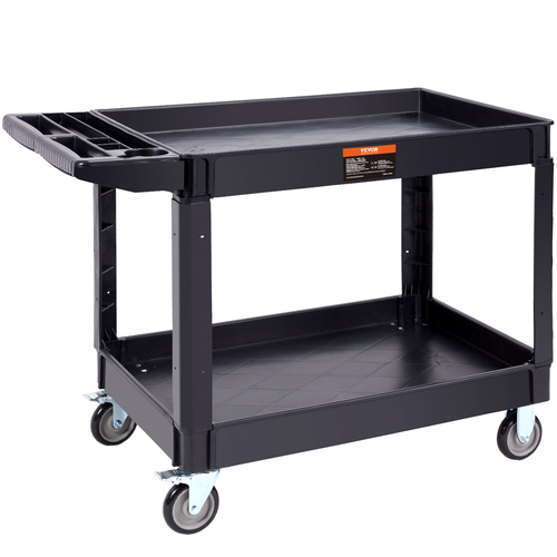 VEVOR Utility Service Cart, 2 Shelf 550LBS Heavy Duty Plastic Rolling Utility Cart με περιστρεφόμενους τροχούς 360° (2 με φρένα), μεγάλο ράφι με χείλη, εργονομική λαβή αποθήκευσης για αποθήκη/Γκαράζ/Καθαρισμό