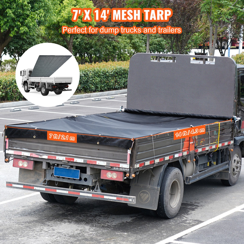 VEVOR Dump Truck Mesh Tarp, 7 x 14 ft, μαύρο κάλυμμα βαρέως τύπου με επίστρωση PVC με διπλή τσέπη 5,5&quot; 18 oz, ορειχάλκινοι δακτύλιοι, ενισχυμένος ιμάντας διπλής βελόνας που ταιριάζει χειροκίνητο ή σύστημα ηλεκτρικού ανατρεπόμενου φορτηγού