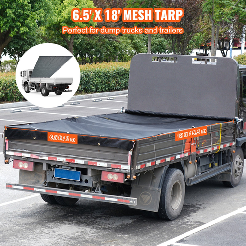 VEVOR Dump Truck Mesh Tarp, 6,5x18 ft, μαύρο κάλυμμα βαρέως τύπου με επίστρωση PVC με διπλή τσέπη 5,5&quot; 18 oz, ορειχάλκινοι δακτύλιοι, ενισχυμένος ιμάντας διπλής βελόνας που ταιριάζει χειροκίνητο ή ηλεκτρικό σύστημα ανατρεπόμενου φορτηγού