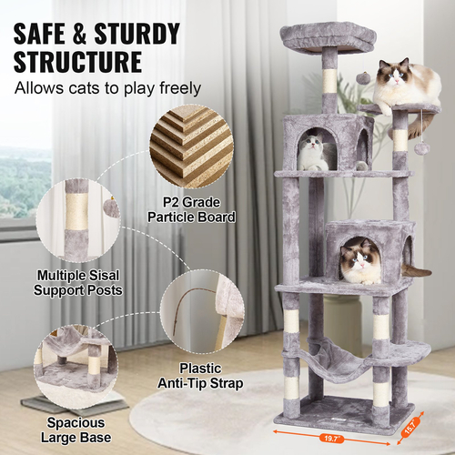 VEVOR Cat Tree 63&quot; Cat Tower with 2 Cat Condos Sisal Scratching Post Ανοιχτό γκρι