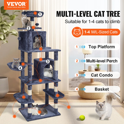 VEVOR Cat Tree 68,5&quot; Cat Tower with Cat Condos Sisal Scratching Post Dark Grey