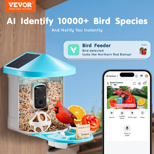 Έξυπνος τροφοδότης πουλιών VEVOR με κάμερα 2K HD AI Identify Bird Species Solar-Powered