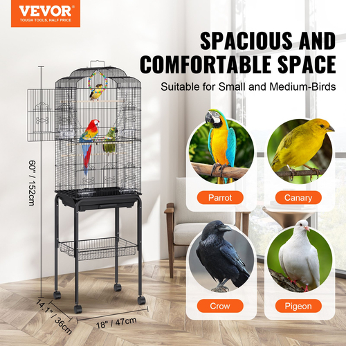 VEVOR 60 ιντσών Flight Bird Cage, Metal Large Parakeet Cages for Cockatiel Parrot Budgies Lovebirds Canaries, Pet Big Bird Cage με κυλιόμενη βάση και κρεμαστά παιχνίδια