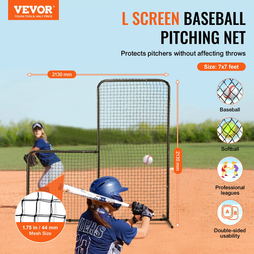 VEVOR L Screen Baseball για Batting Cage, 7x7 ft Baseball Softball Screen Safety, Body Protector Φορητή οθόνη κτύπημα με τσάντα μεταφοράς και πάσσαλοι εδάφους, Heavy Duty Pitching Net for Pitchers Protection