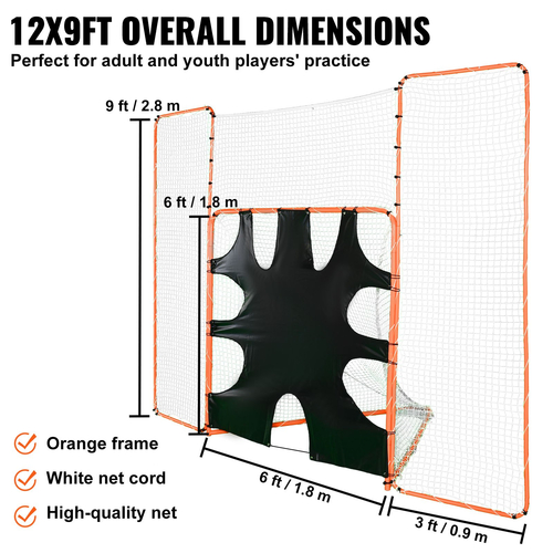 VEVOR 3-IN-1 Lacrosse Goal with Backstop and Target, 12&#039; x 9&#039; Lacrosse Net, Steel Frame Backyard Lacrosse Rebounder Equipment, Γρήγορη και εύκολη εγκατάσταση εκπαιδευτικό δίχτυ, ιδανικό για προπόνηση ενηλίκων νέων, πορτοκαλί