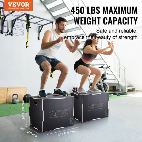 VEVOR 3 σε 1 Plyometric Jump Box, 30/24/20 Inch Wooden Plyo Box, Platform &amp; Jumping Agility Box, Anti-slip Fitness Step Up Box for Home Gym Training, Conditioning Strength Training, Μαύρο