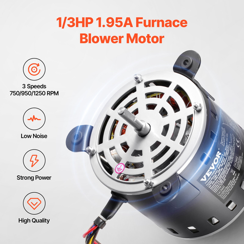 VEVOR 1/3HP Furnace Blower Motor 220V 1.95A 1250RPM 3-Speed ​​15μF/450V Capacitor