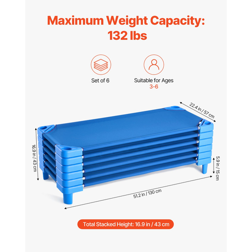 VEVOR Στοιβαζόμενη παιδική κούνια 52&quot; x 23&quot; βρεφικές κούνιες ημερήσιας φροντίδας για παιδιά μπλε (συσκευασία των 6)