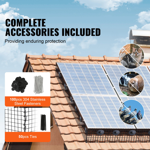 VEVOR 6 ιντσών x 100 ft Solar Panel Bird Guard, Critter Guard Roll Kit με 100 τμχ συνδετήρες από κράμα αλουμινίου, προστατευτικό ηλιακού πάνελ με επίστρωση PVC ανθεκτική στη σκουριά, συρμάτινο πλέγμα 1/2 ιντσών